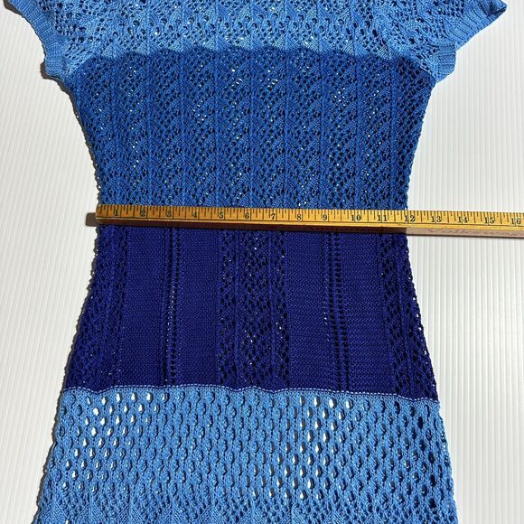 Knit Mix Crochet Open Knit See Thru Maxi Dress Size L Blue Stripe Beach Festival - Picture 12 of 14